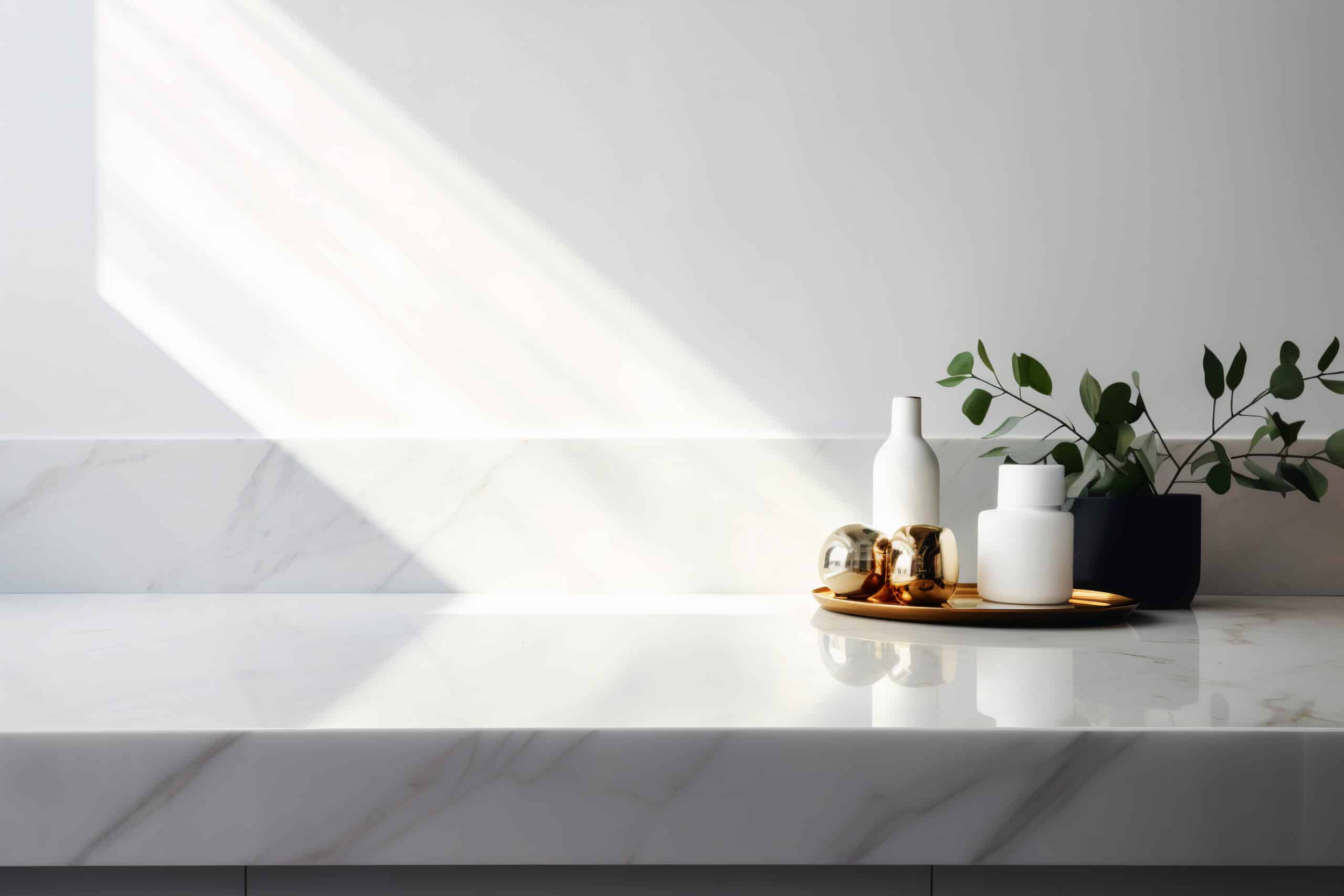 beautiful white counter top with natural green leaves plant